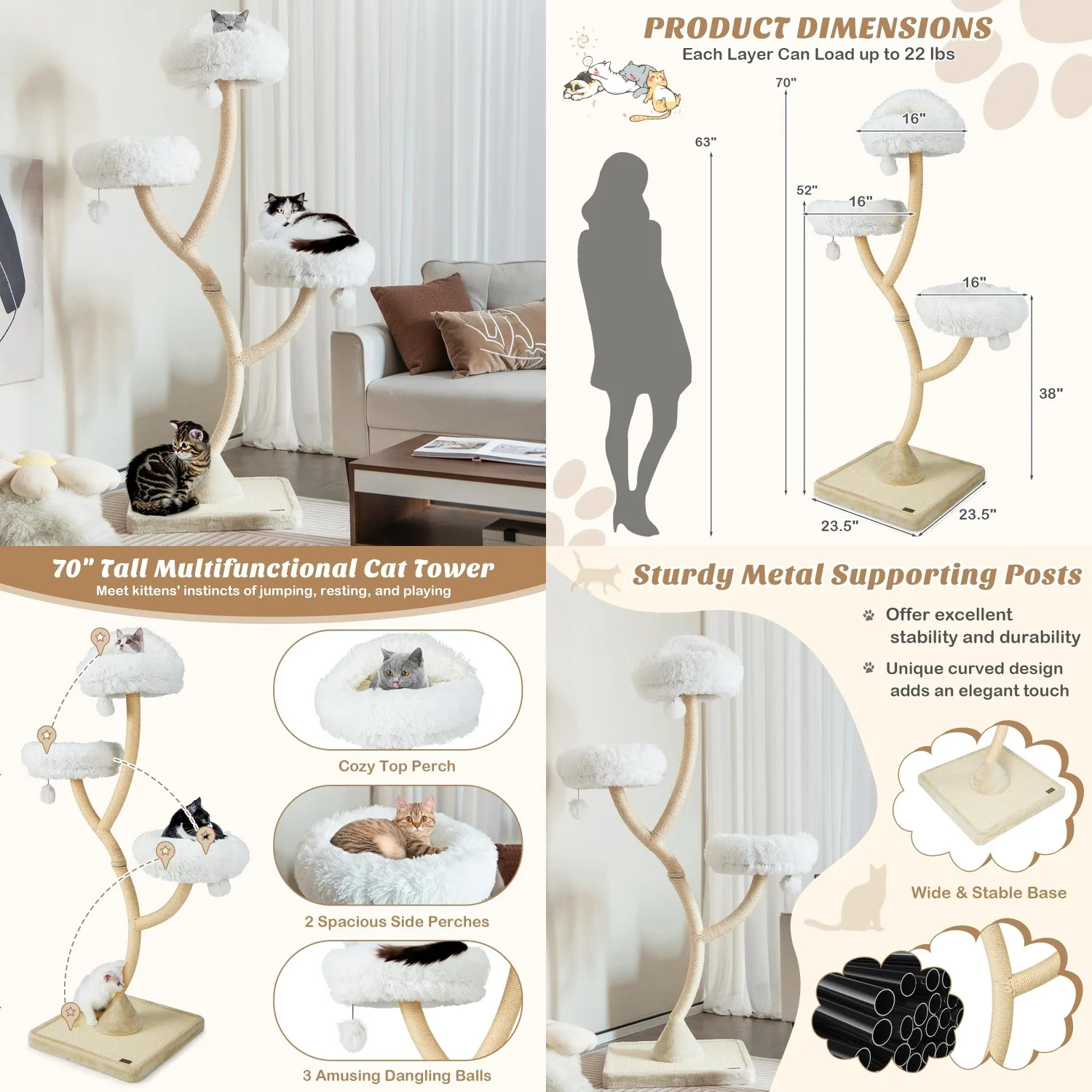 

70" Tall Cat Tree, Cat Tower with Scratching Posts and Board, Multi-Level Cat Tower for Large Cats 20 lbs+ with 3, Customized