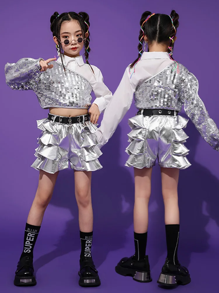 Mädchen Hip Hop Crop Top Pailletten Silber Shorts Kleidung Sets Kinder Jazz Ärmeln Outfits Kind Streetwear Street Dance Bühne Kostüm
