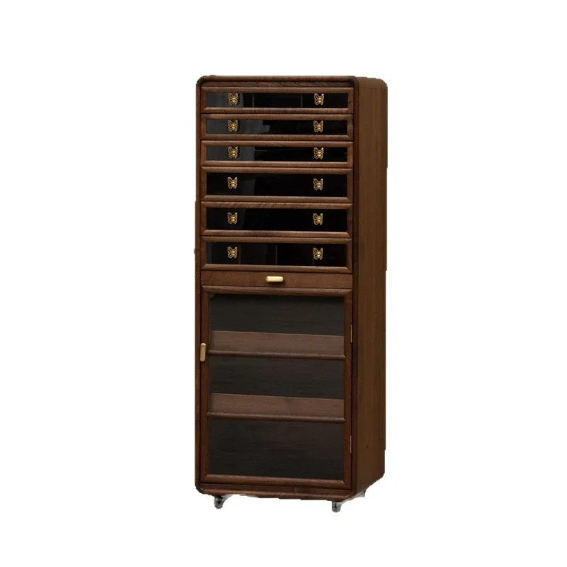 

Black walnut solid wood mobile side cabinet Floor-to-ceiling Wenwan jewelry locker with wheels Tea set storage cabinet