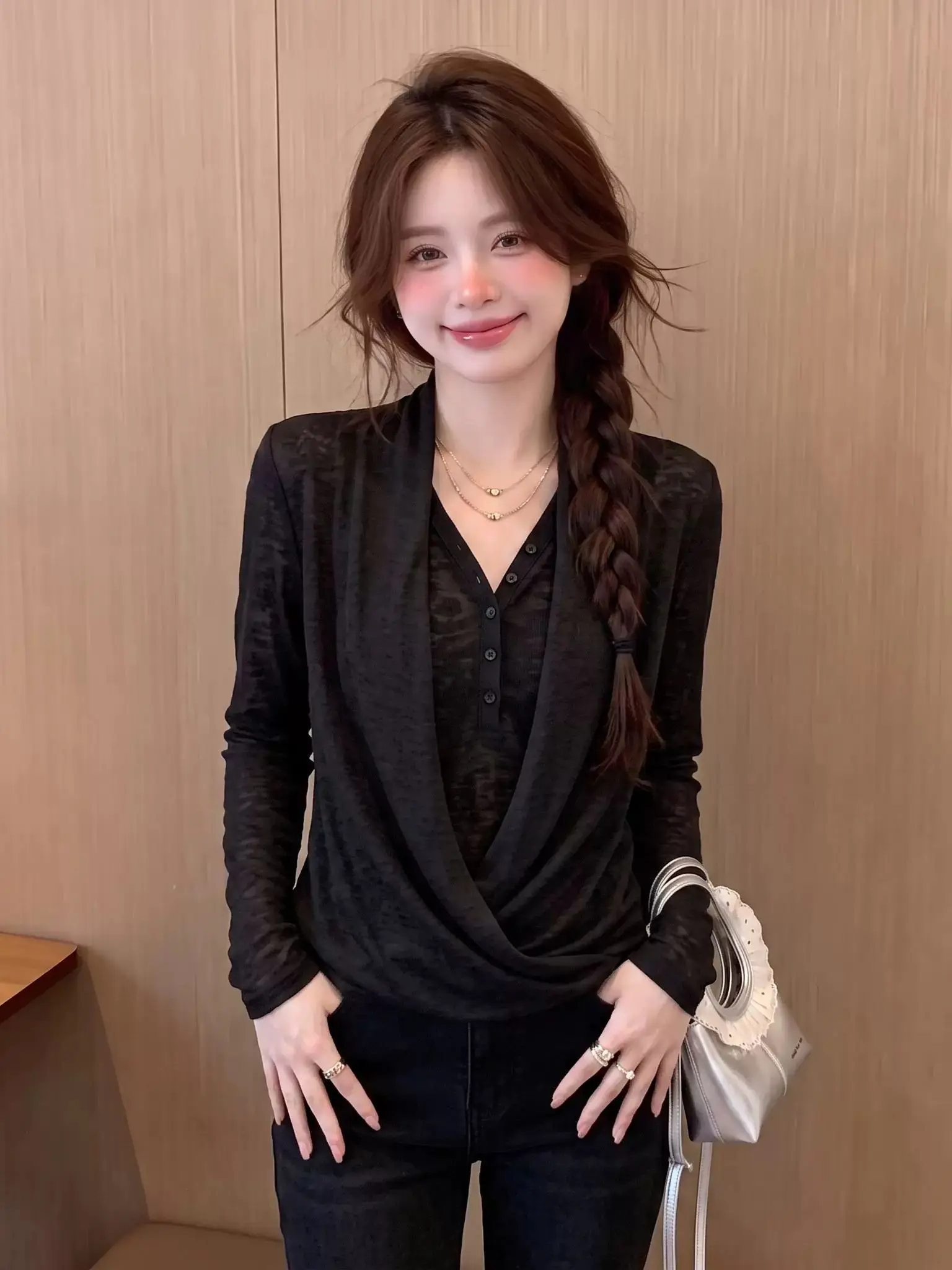 Korean Style Long Sleeve T-Shirt Women's Initial Autumn New Slimming Folded Cross Small Top Fake Two-Piece Design Sense