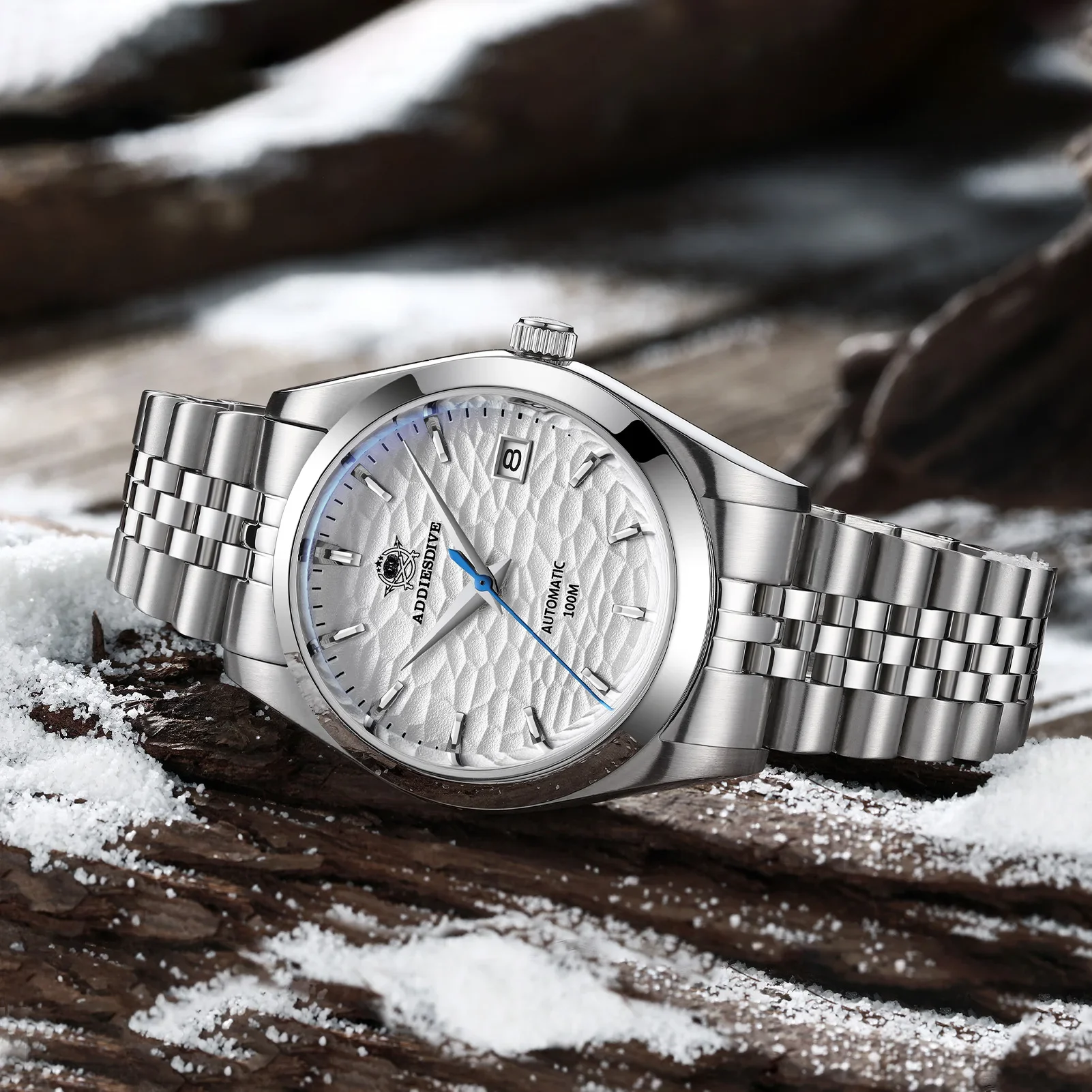 ADDIESDIVE 물결 무늬 다이얼 자동 기계식 시계 NH35 사파이어 남성용 손목시계 럭셔리 실버 발광 방수 시계