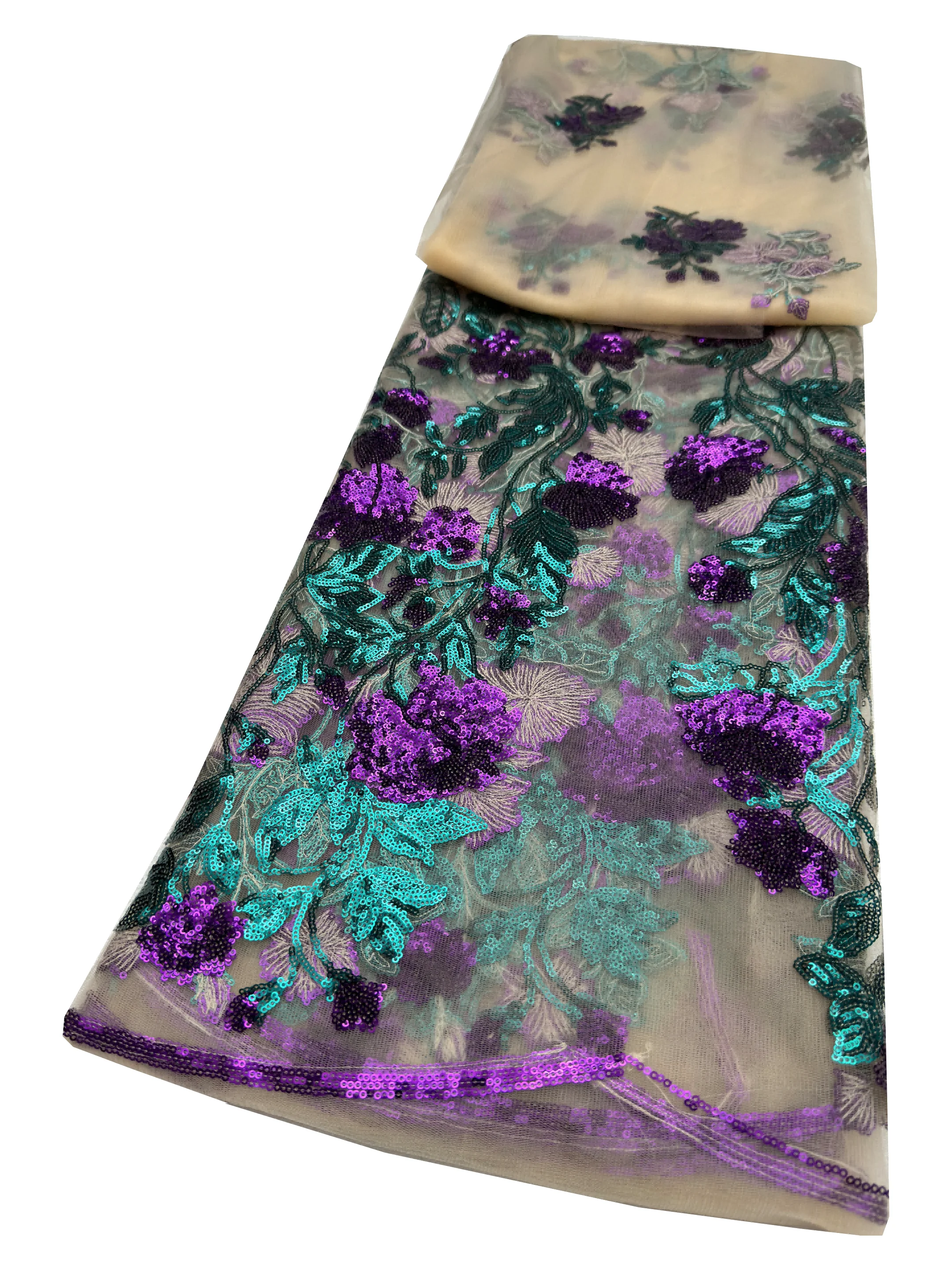 

Exquisite French Mesh Net Fabric with Sparkling Purple and Green Floral Embroidery Sequins for High-End Quality Banquet Dress