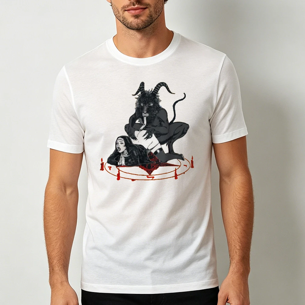 Baphomet Nun T Shirt Men White Dark Occult Graphic Tee Short Sleeve Satanic Goat Horror Gothic Rock Streetwear Top