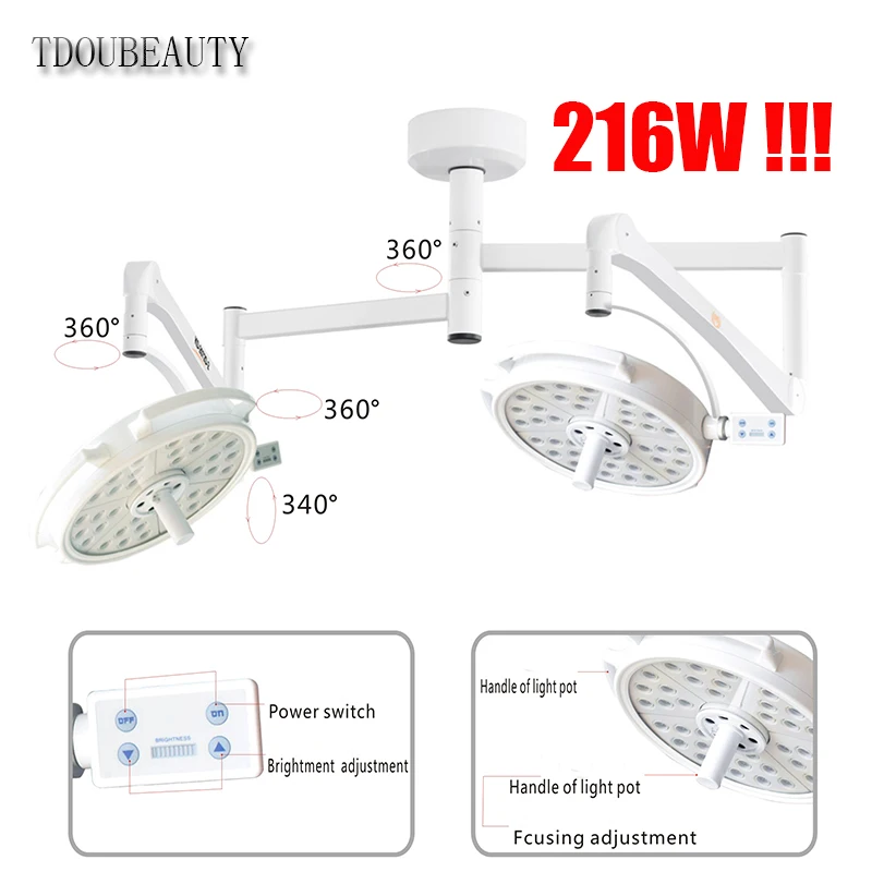 216W LED Dual Head Ceiling Mounted Shadowless Operation Light for Plastic Surgery Veterinary And Dental Medical Procedures