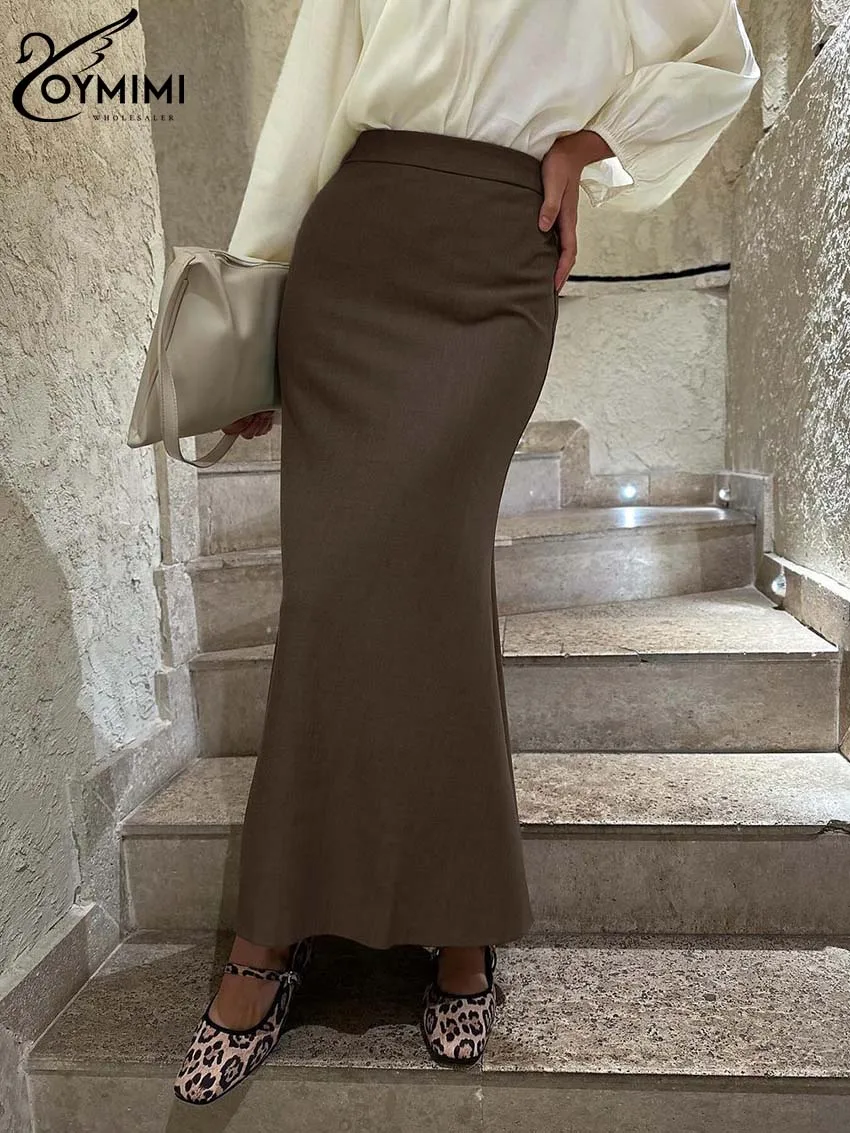 

Oymimi Fashion Brown Slim Women's Skirt Elegant High Waisted Simple Straight Skirts Autumn New Solid Ankle-Length Skirts Female