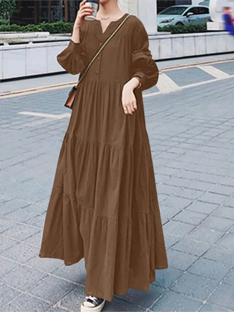 

Autumn Dress Vintage Temperament Casual Solid Color Long Sleeves V Neck Dresses 2025 New Women's Commuting Streetwear Maxi Dress