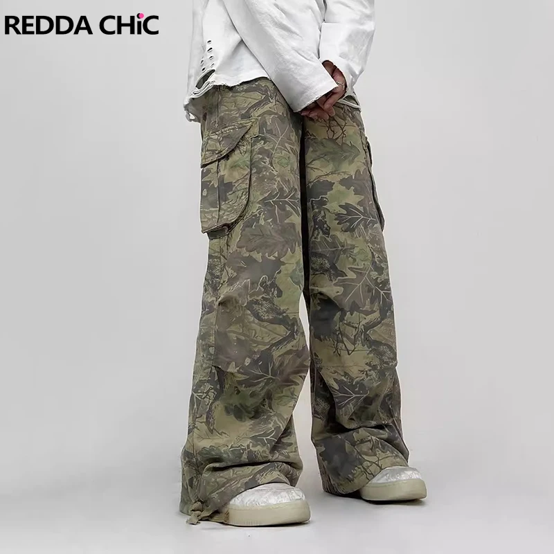 REDDACHIC Retro Camouflage Drawstring Cargo Pants for Men Low Rise Pleated Big Pockets Wide Leg Casual Pants Harajuku Streetwear