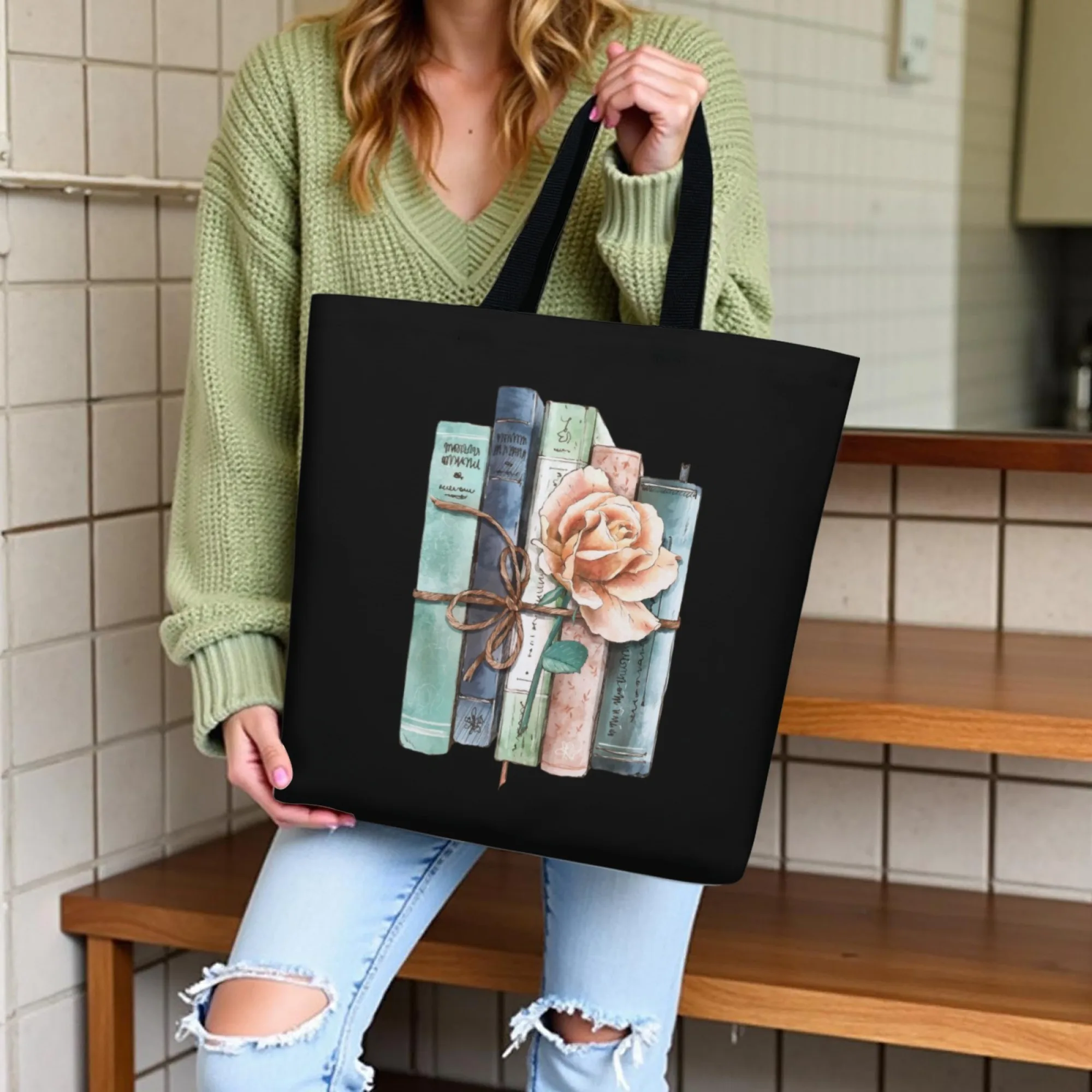 

Literary Book Style Canvas Tote Bag Black Retro Book & Rose Design Shoulder Bag for Women Shopping Suitable for Daily Commute
