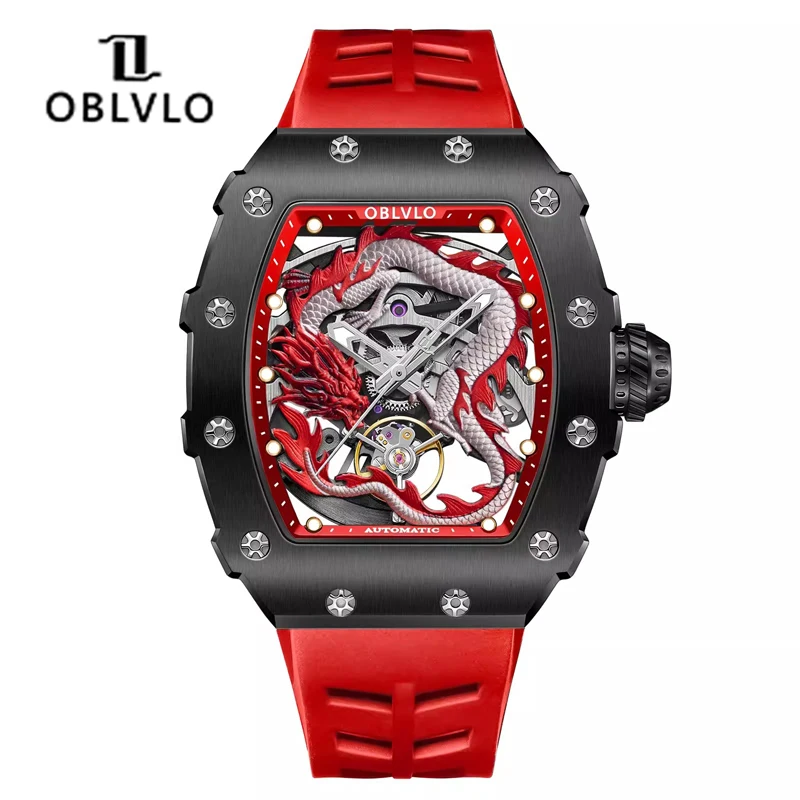 OBLVLO 3D Dragon Automatic Mechanical Watch for Men Hollow Transparent Wristwatch Sapphire Glass Luminous Waterproof Men Watch