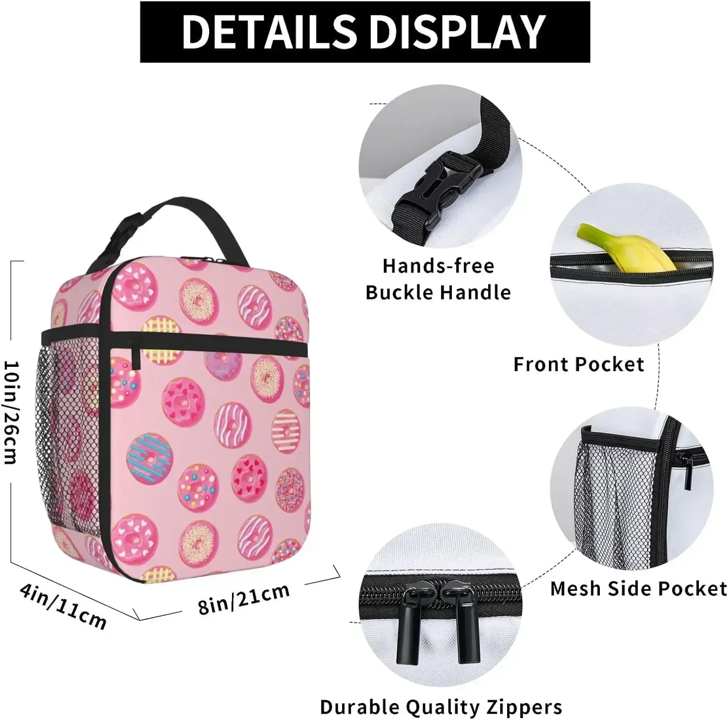 Cute Pink Donut Lunch Bag Double Insulated Leakproof Lunch Box Tote Bag Cooler with Side Pockets for Work Picnic Travel Camping