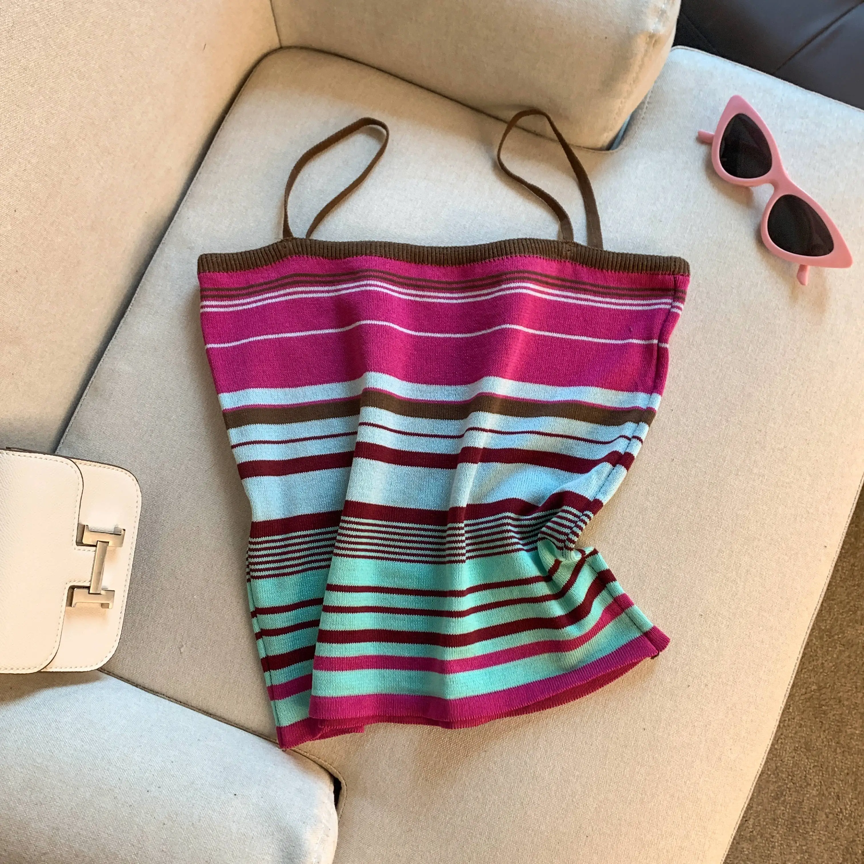 مرونة قوس قزح طباعة الضلع متماسكة Colorblock تانك القمم كاميس محبوك عادية أكمام طاقم الرقبة الأعلى الملابس النسائية المحاصيل الأعلى