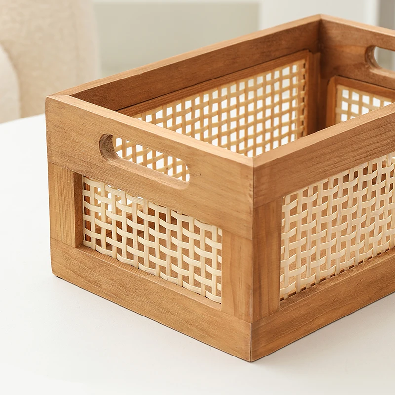 Retro bamboo woven storage basket, desktop sundries, snacks, books, toys, finishing frame