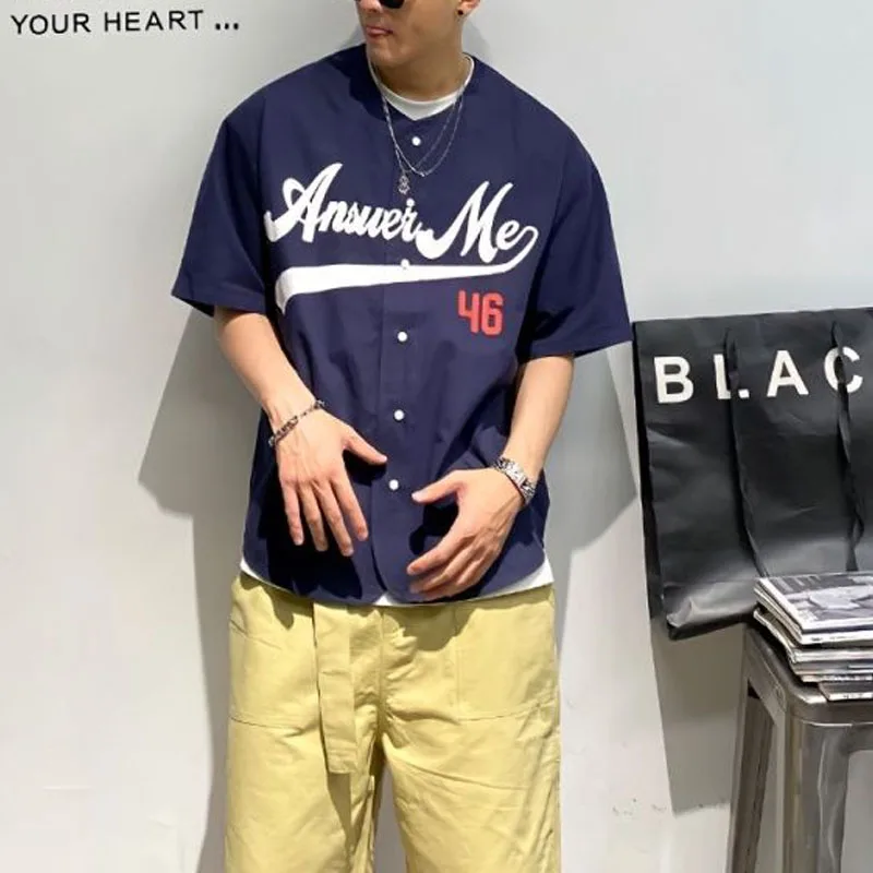 2024 Summer New Men's Coats Short Sleeve Crew Neck Button Letter Printed Trendy Fashionable Loose Comfortable Casual Tops