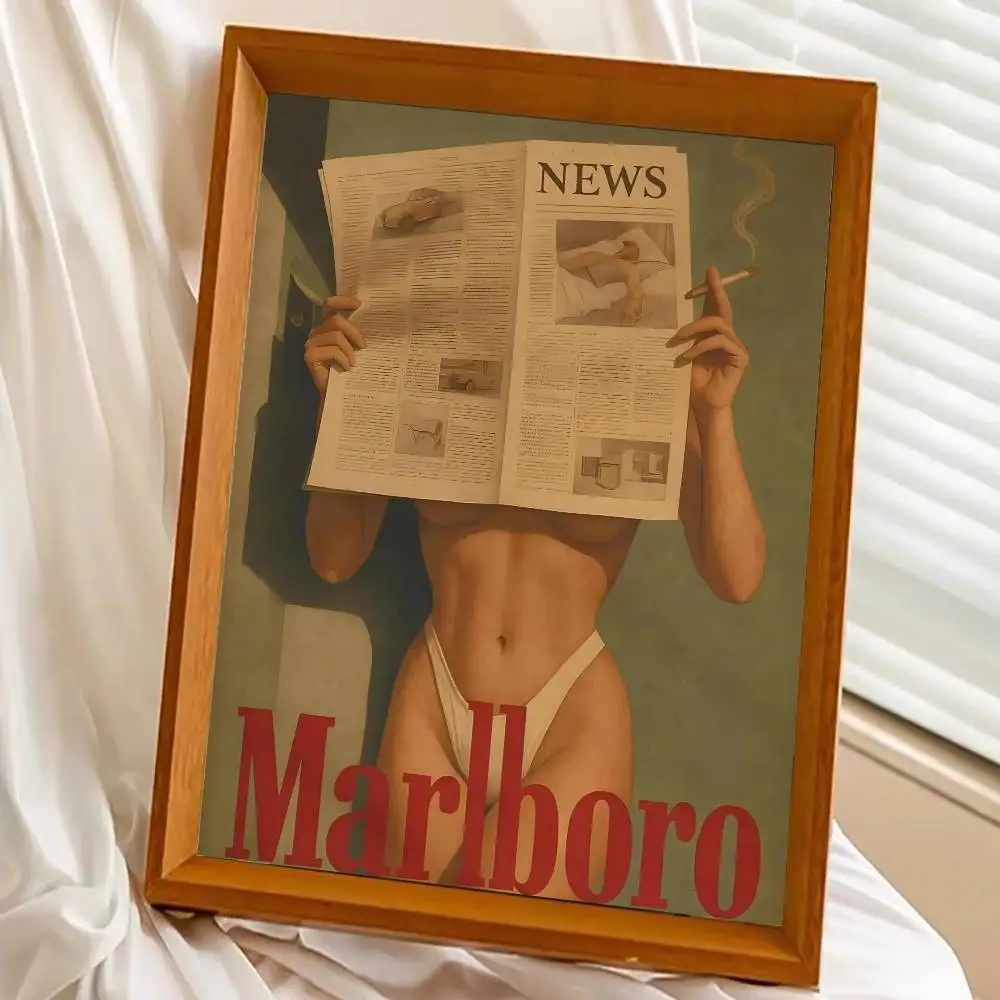 خمر السجائر الغربية MarlboroS نموذج بيكيني المشارك ذاتية اللصق ورق مقاوم للماء ملصق مقهى بار غرفة جدار ديكور