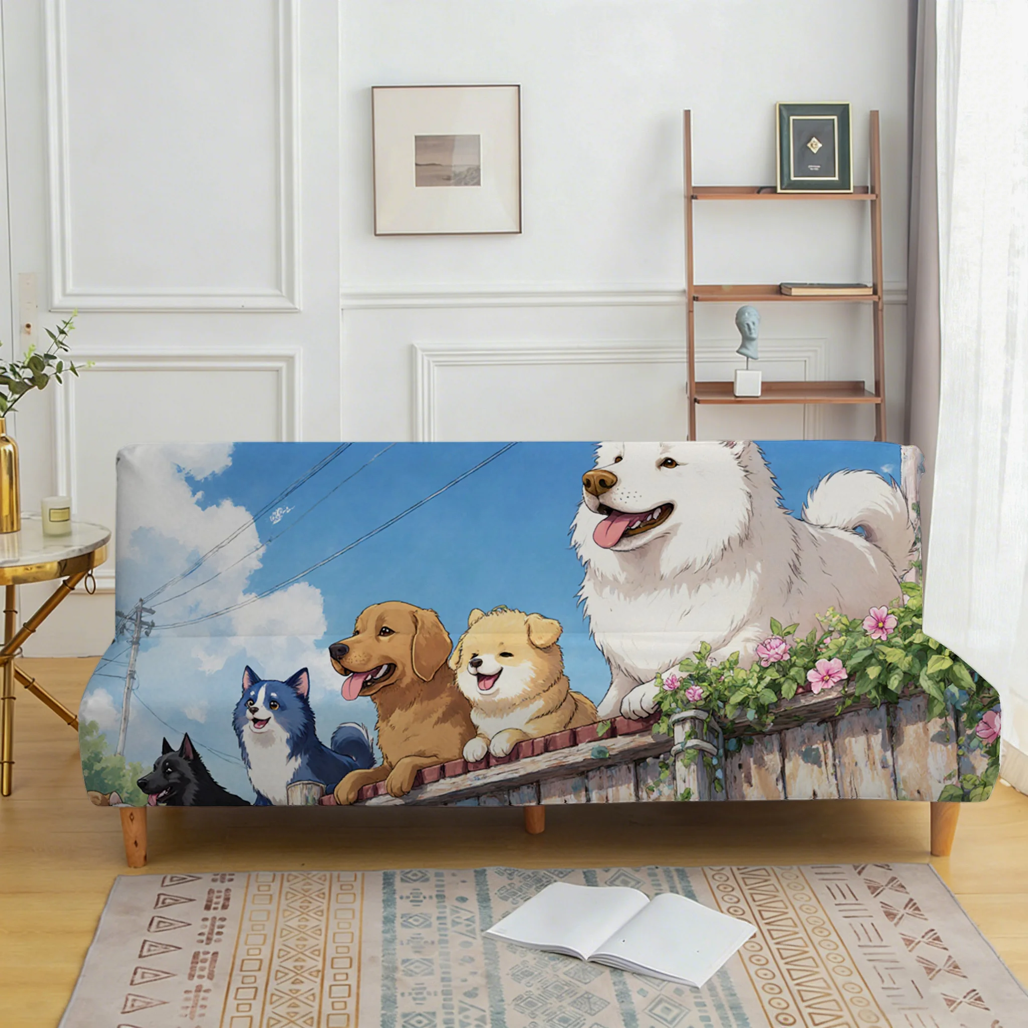 Cartoon dog sofa bed cover, non-slip and scratch-proof furniture protective cover, all-inclusive elastic dust cover