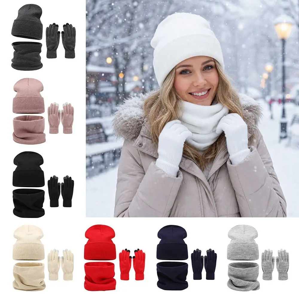 3Pcs/Set Warm Winter Hat Scarf Gloves Set Windproof Soft Scarf Neck Warmer Elastic Thicken Touchscreen Gloves for Men Women