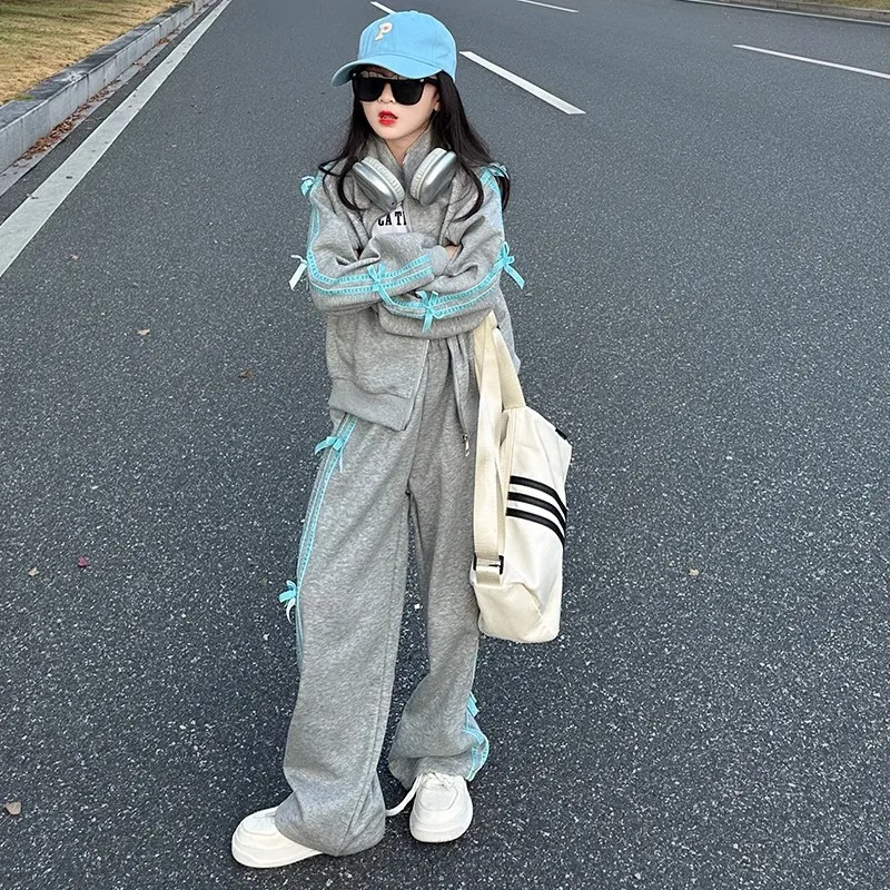 2026 AUTUMN girls Clothes Children bow Suit Teenager tracksuit striped Plus Velvet jacket + wide leg pants 4 8 10 11 12 16 year