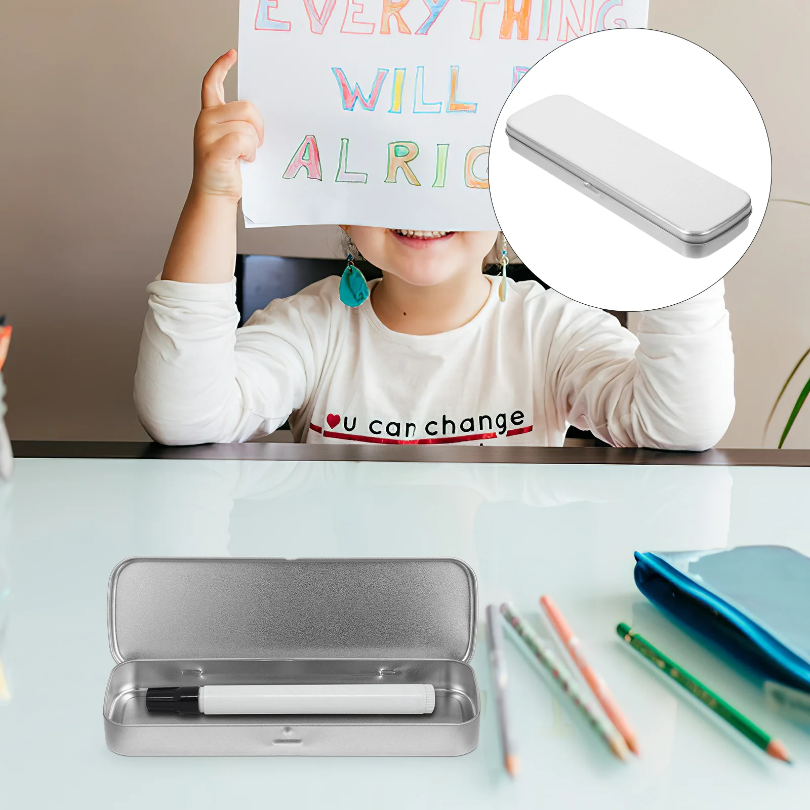 5Pcs Pencil Box Iron Tinplate Rectangular Metal Case Single-Layer School Pen Holder Stationery Silver Metal Pen Case