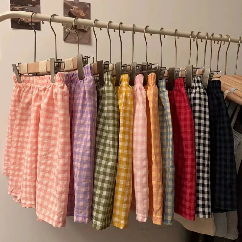 Mulheres Xadrez Confortável Pijama Shorts, Cintura Elástica, Japonês Simples Perna Larga Roupas Casa, Dormir Solto, Multicolor