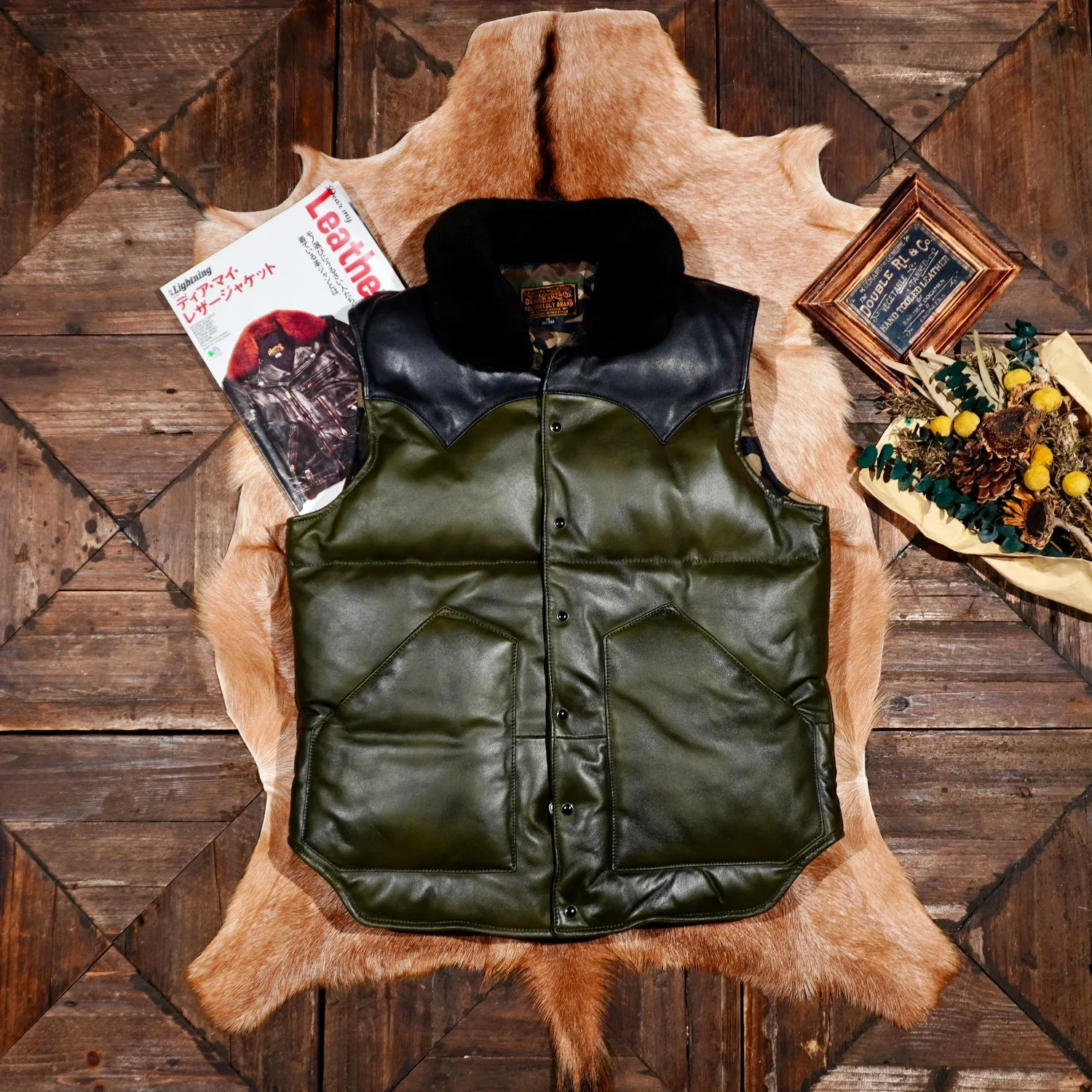 Tailor Brando Wash-Distressed Sheepskin Men's Classic Winter Warmth Genuine Leather Down Vest