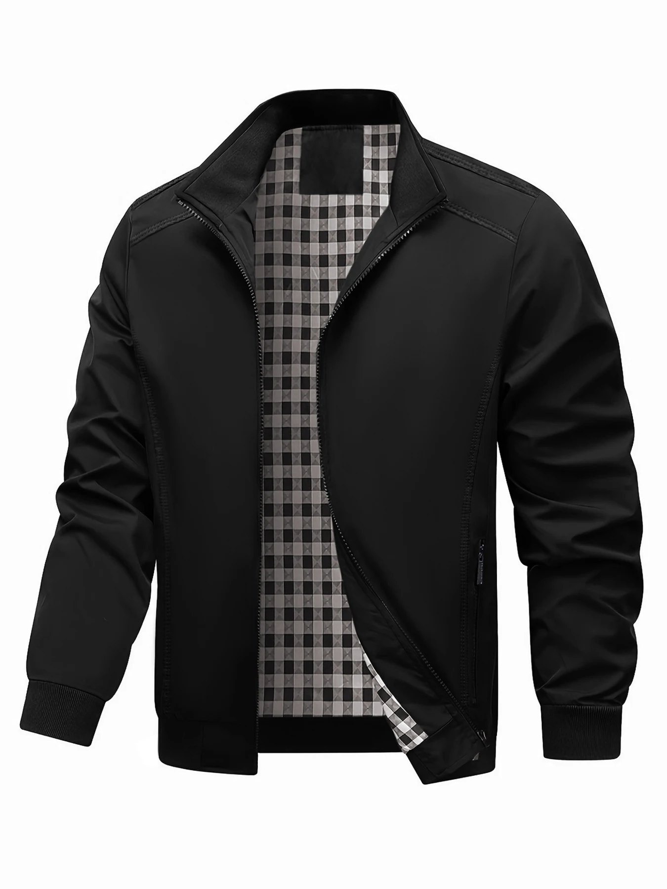 

Men's Black Stand-Up Collar Jacket with Plaid Lining, Windproof Casual Jacket