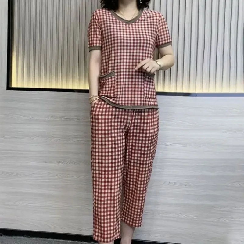 Women\'s Clothing All-match Plaid Short Sleeve T-shirt Suit 2023 Summer New Casual Fashion High Waist Cropped Pants Two Piece Set