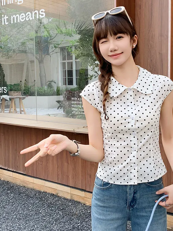 

Белый ор Све в горошек Женский гладкий винтажный топ с завышенной талией Slim Fit ort Length Flng Sve Top на осень