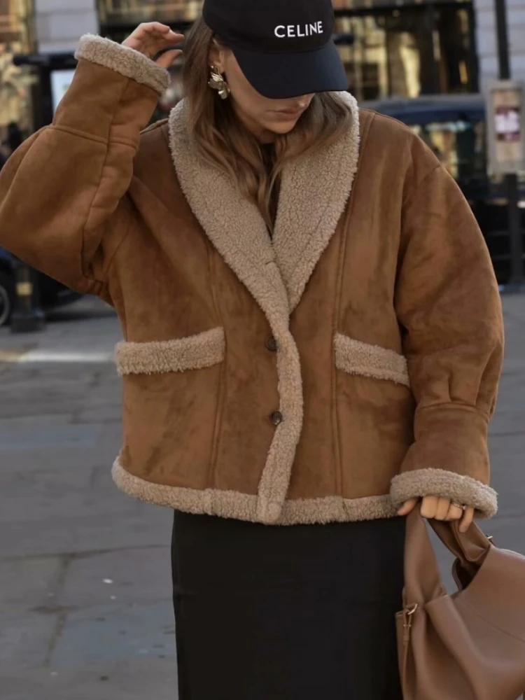 Vintage Autumn Winter Women's Wool Coat Lapel Loose Leather and Fur Top Fleece Lining Button Cardigan Long Sleeves Streetwear