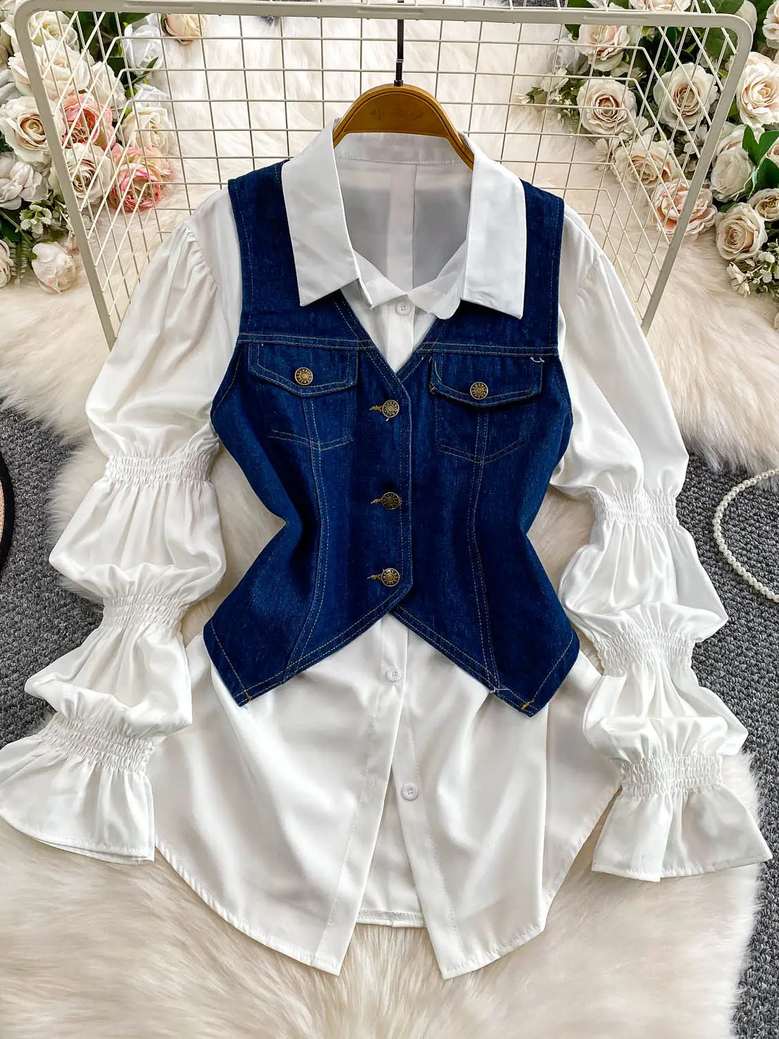 SuperAen Korean Style Office Lady Loose Lantern Sleeve Shirt Single-breasted V-neck Vest Denim Jacket Two-piece Sets