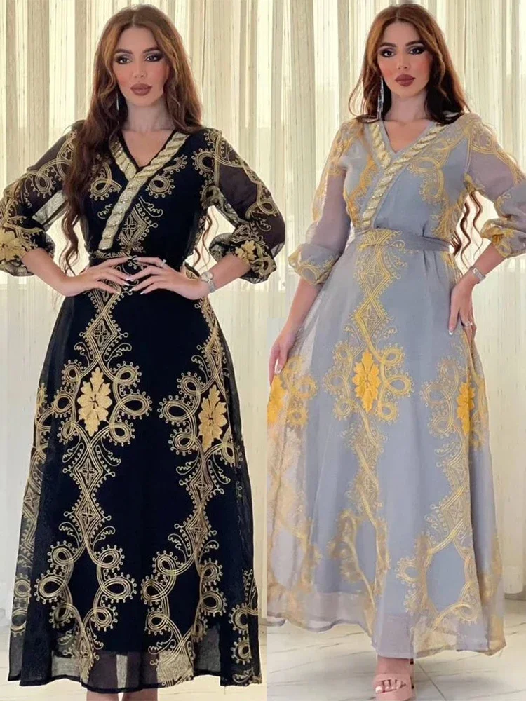 Eid Long Dresses for Women Jalabiya Dress Muslim Abaya Mesh Embroidery Ramadan Maxi Robe Moroccan Caftan Party Vestidos 2025