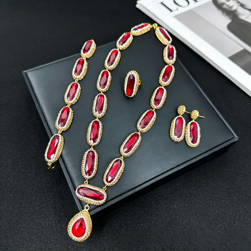 Luxury Zircon Crystal Czech Rhinestone Necklace Earrings Ring Bracelet Jewelry Set Statement Costume Jewelry for Wed S908