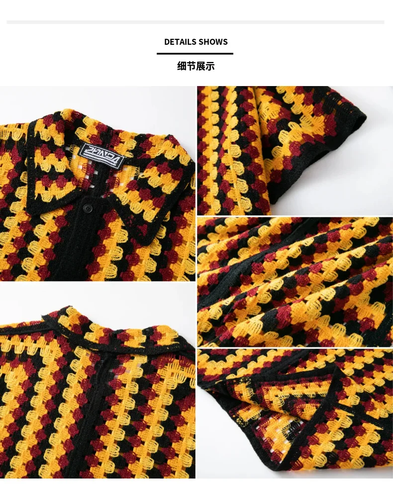 Pakaian Pria Sweter Rajutan Bergaris Retro Eropa dan Amerika Kemeja POLO Kardigan Larut Dalam Air Berongga Seksi