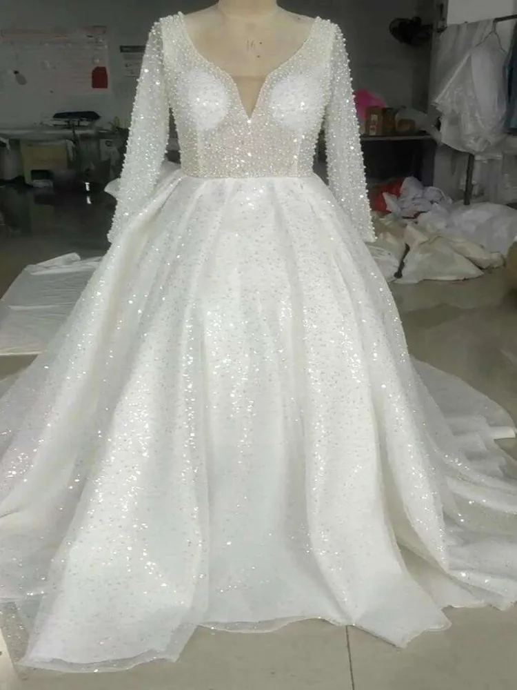 Abito da sposa con perle lucide trasparenti con scollo quadrato personalizzato Vestido De Novia Abiti da sposa con abito da ballo africano