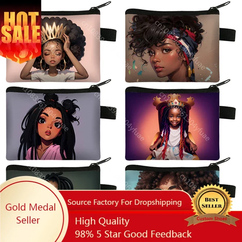 African Cartoon Girls Coin Purses Afro Black Women Wallet Earphone ID Credit Card Hold Jewelry Earrings Money Coin Bags Gift