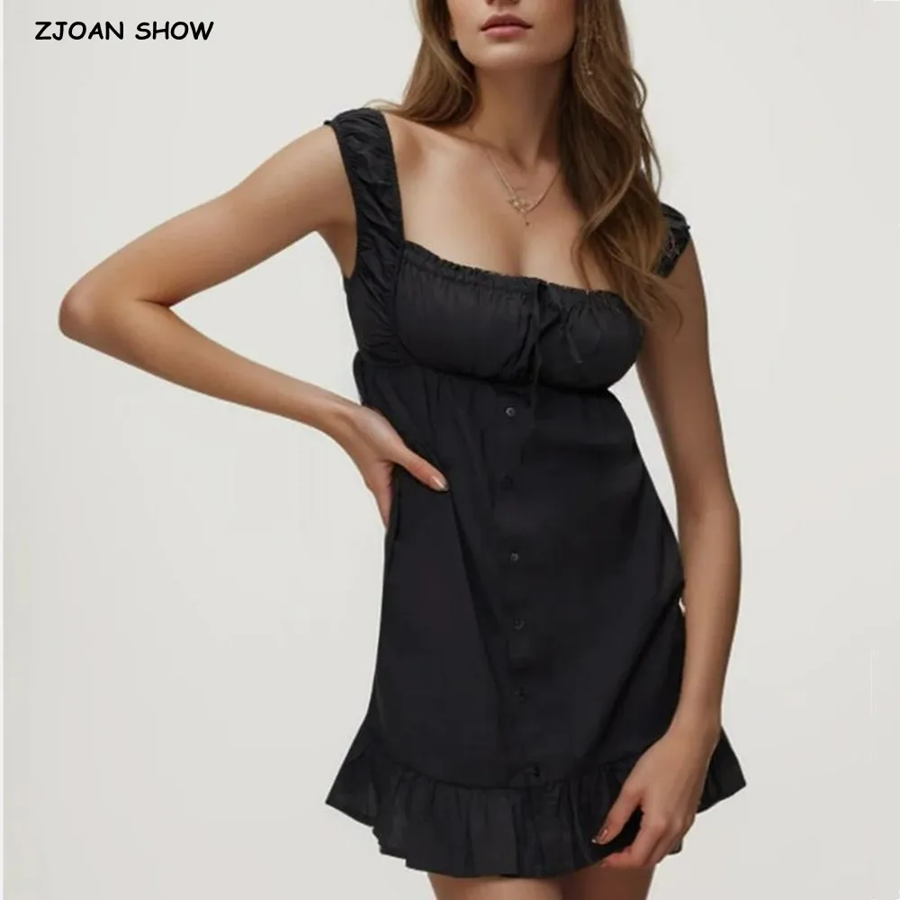 Holiday Black Bow Ruched Elastic Strap Tank Dress Open Buttons Wood ears Ruffles Short Dresses Elastic Back Summer Robe
