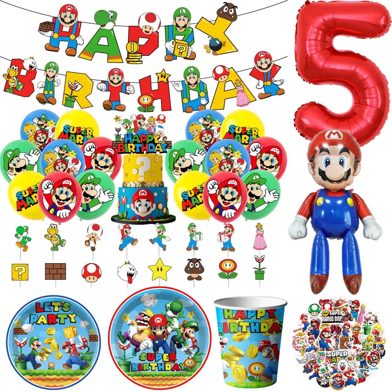 Super Brother Game Birthday Party Decoration Kids Shower Foil Latex Balloons Disposable Tableware Backdrop Toy Anime Figures