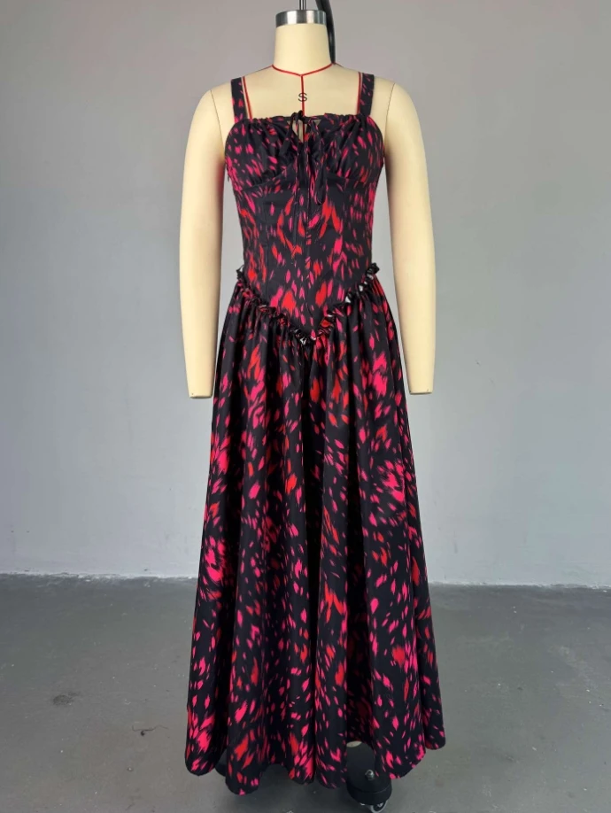 

Sweet & Fresh Floral Printed Lace Up V-Neck High Waist Slimming Dress Temperament Commuting Women's Fashion Sexy A-Line Dresses