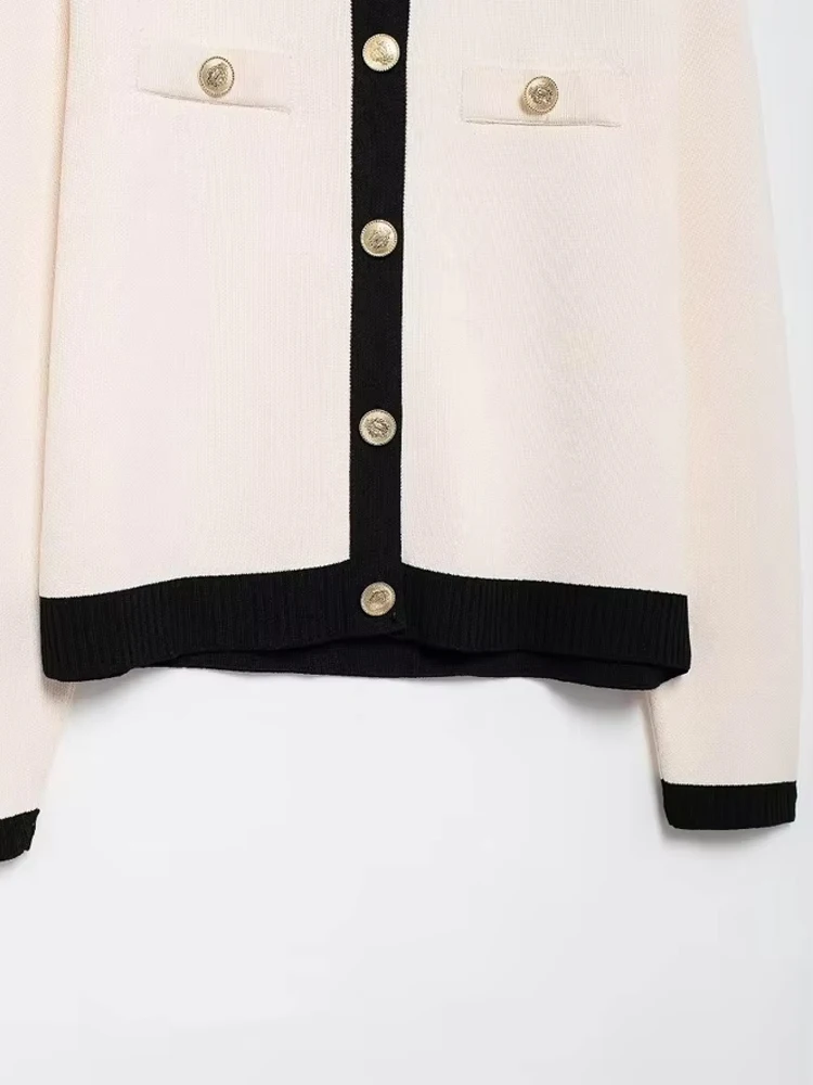 TRZA-Women's Knitted Cardigan Sweater with Golden Buttons, O-Neck, Long Sleeve, Female Outerwear, Chic Tops, Fashion image 4