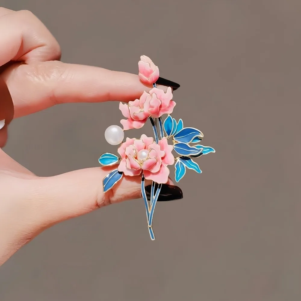 Elegant Cloisonne Brooch Chinese Style Light Luxury Peony Flower Corsages Pearl Clothing Accessories Flower Badge Pin