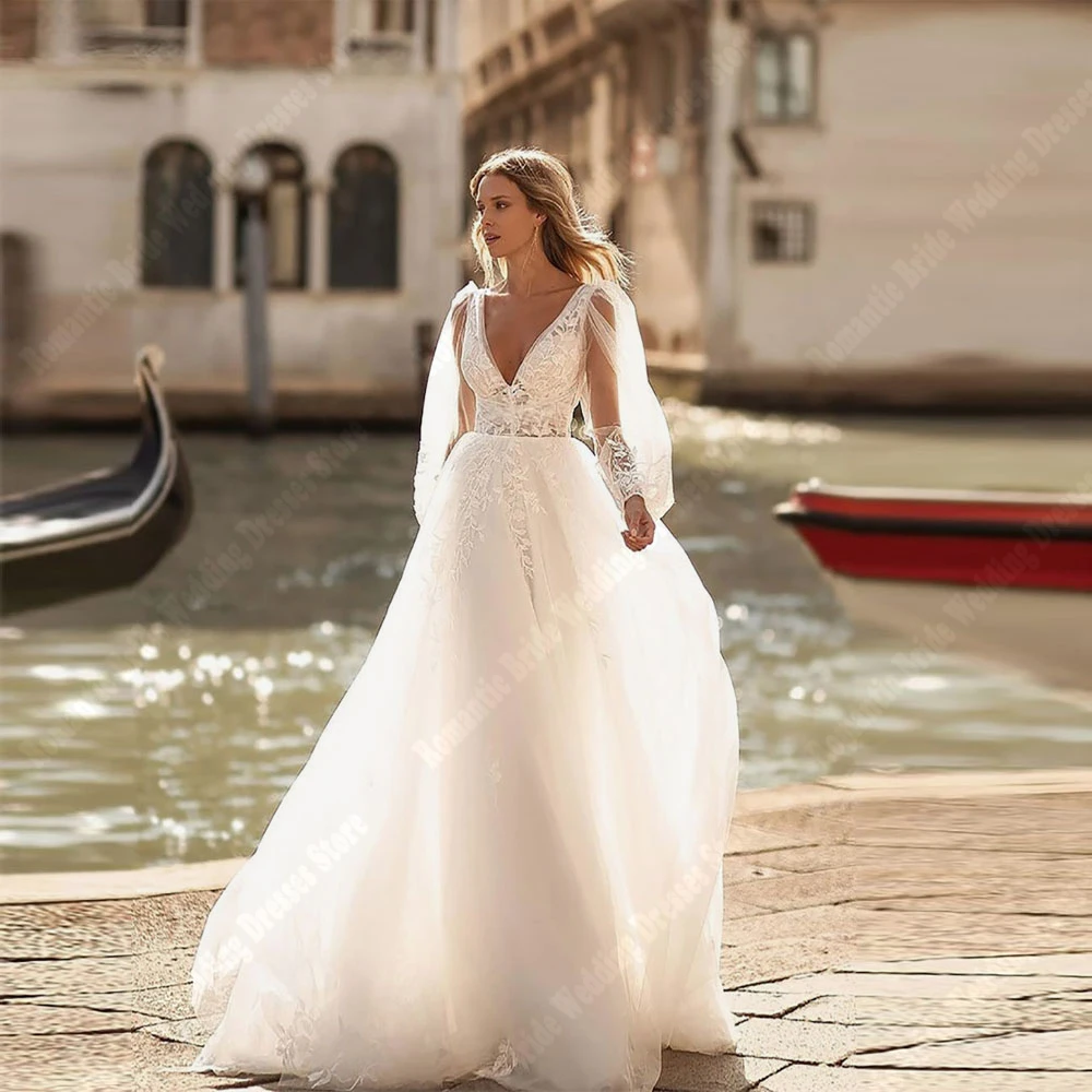 Vestidos De novia con cuello en V para mujer, ropa De princesa Sexy, línea A, Formal, para fiesta en la playa, 2024