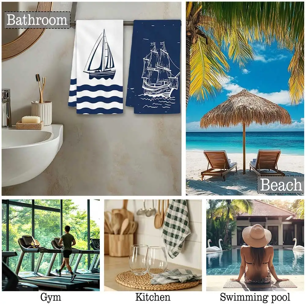 Jit 2pcs Nautical Sailboat Vintage Ship Pattern Dish Towels For Home Kitchen Coastal Decor