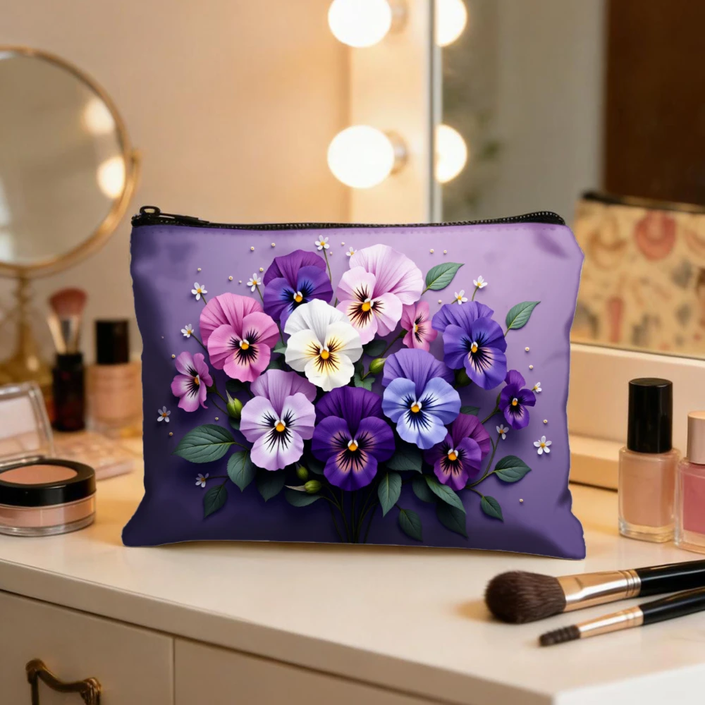 Purple Pansies Floral Pattern Print Makeup Bags for Girls Cosmetic Pouch Toiletry Bag Pencil Case Travel Storage