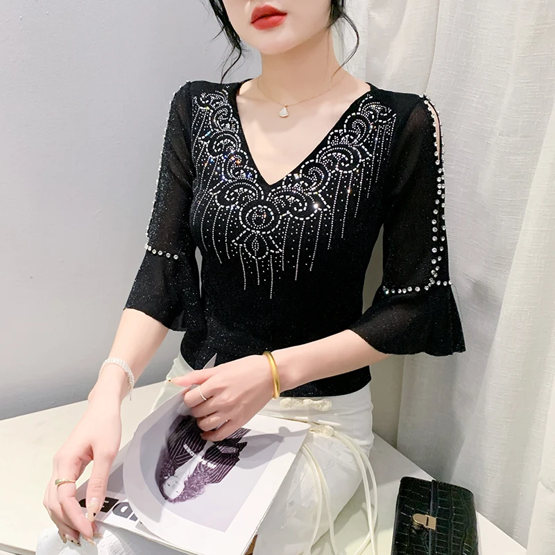 

Black Summer Korean Style T-Shirt Sexy Women Hollow Out Shiny Diamonds Ruffles Tops Half Flare Sleeve Hot Tees 2024 New 451504