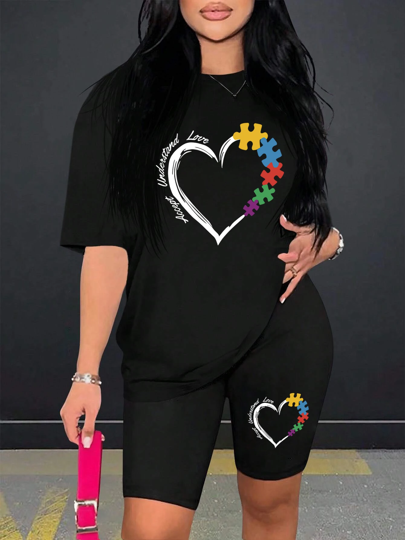 

Line Puzzle Love Pattern Printed Women'S Two Piece Set Breathable Essential Short Sleeve Suit Fashion Versatile Shorts Sets