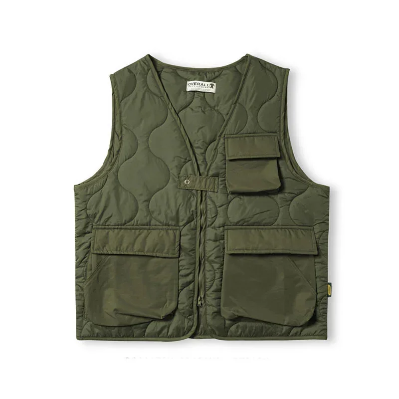 

Retro Multiple Pockets Cargo Sleeveless Jacket Mens Cotton Padded Vest Functional Zipper Thick Waistcoat Coat