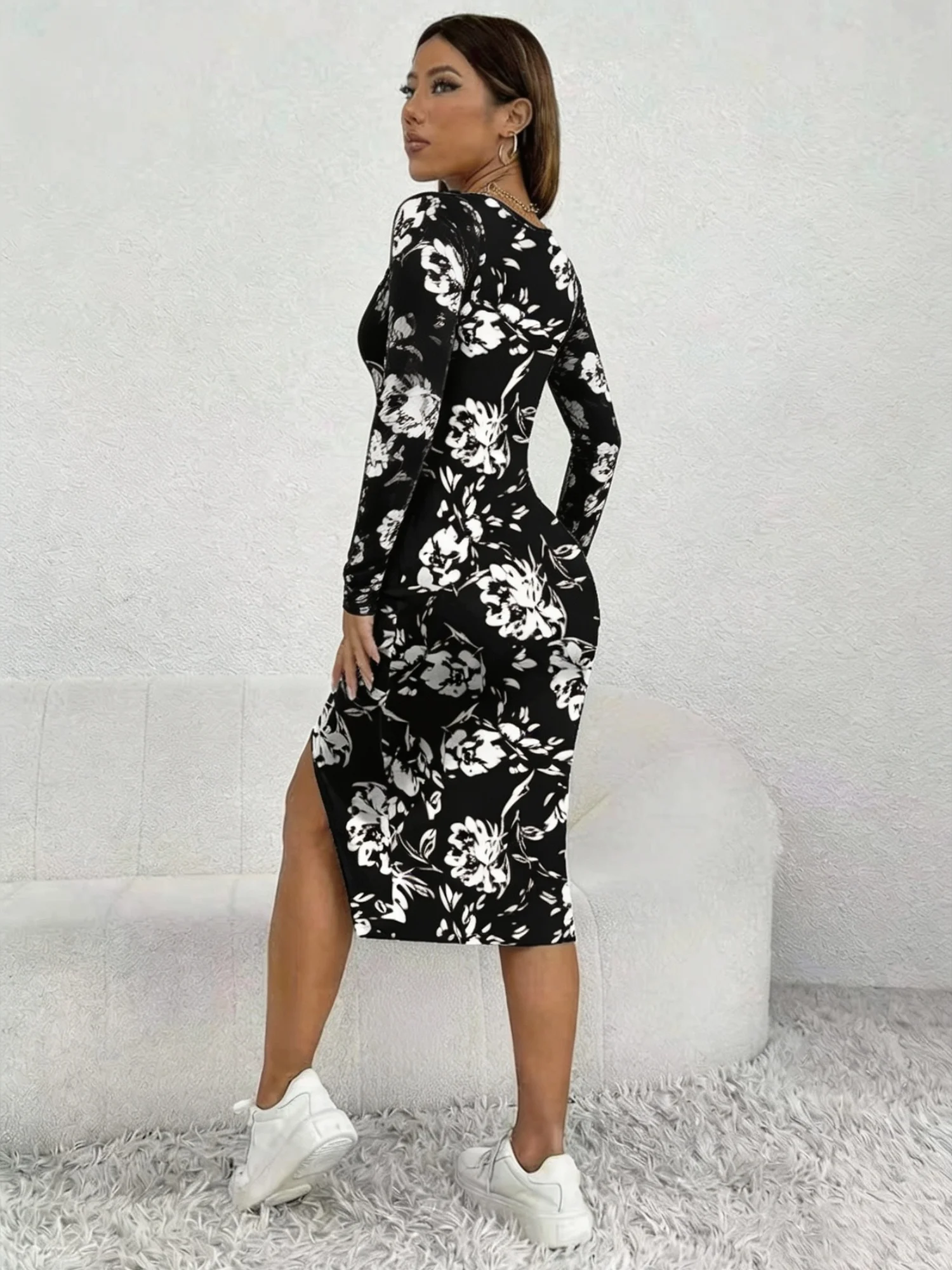 Elegantes Damenkleid mit Blumenmuster, quadratischem Ausschnitt, lässig, bequem, Herbstrockkleid, bodenlanges Abendkleid – Detail 7
