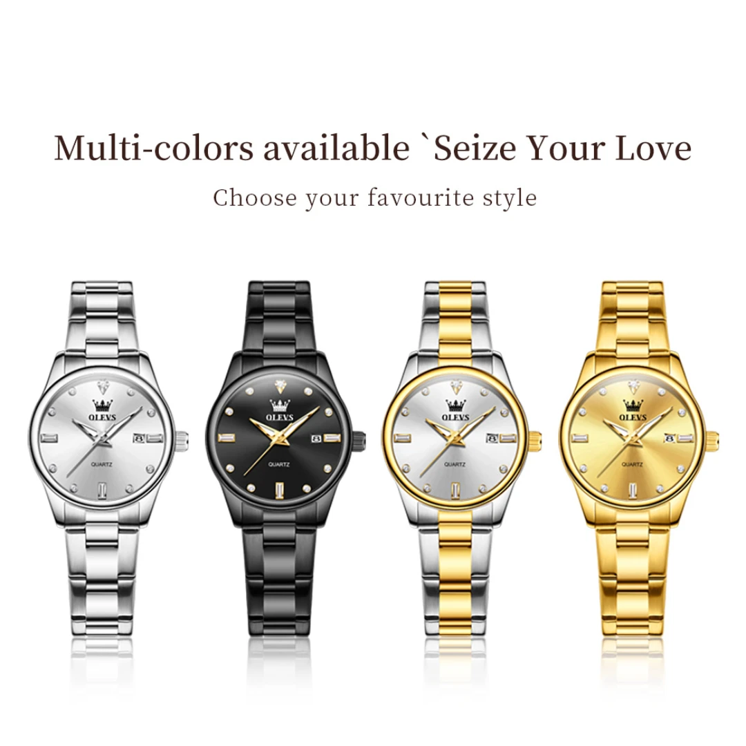 OLEVS-Montre-bracelet à quartz en acier inoxydable, cadran rond, affichage de la semaine, calendrier Shoous, cadeau de mode, 3621