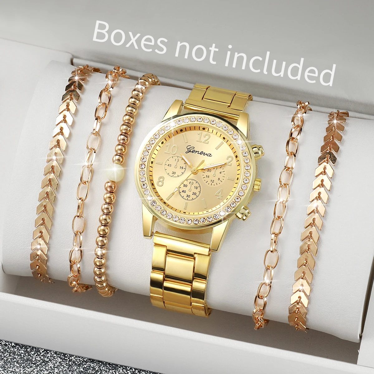 

6PCs/Set Women's Watch Fashion Three Eye Dial Stainless Steel Strap Simple Quartz Watch Set with Gold Bracelet