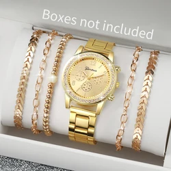 6PCs/Set Women's Watch Fashion Three Eye Dial Stainless Steel Strap Simple Quartz Watch Set with Gold Bracelet