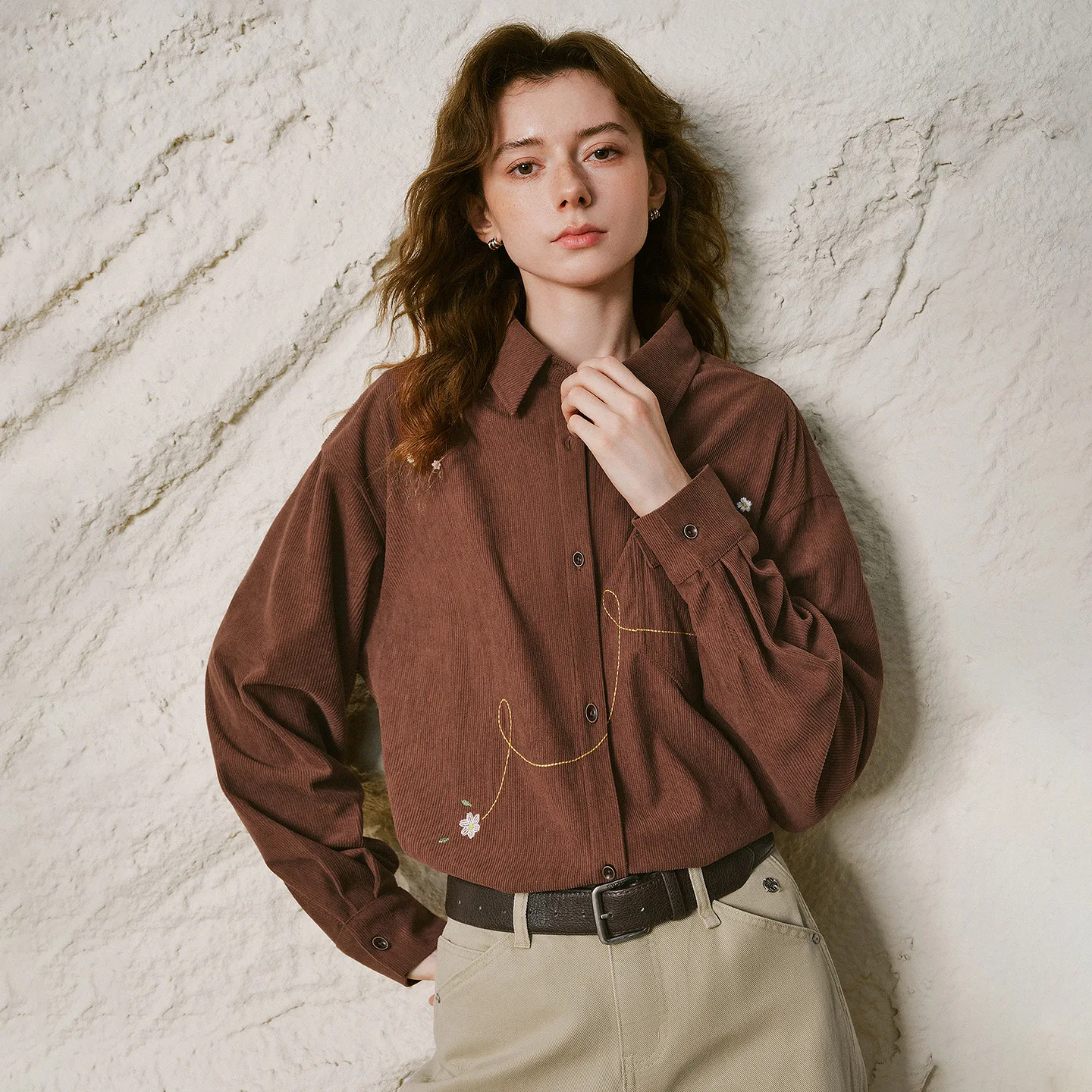 TOYOUTH Women Corduroy Shirt 2026 Winter New Colorful Floral Embroidery Nut Brown Retro Top